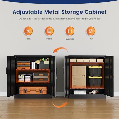 Yizosh Metal Garage Storage Cabinet with 2 Doors and 2 Adjustable Shelves - 35.5" Steel Lockable File Counter Cabinet for Home Office,Garage,Gym,School（Black） (Pack of 2)