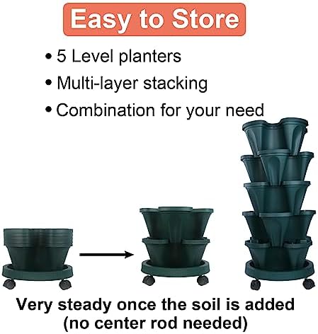 DUNCHATY Stackable Planter, Vertical Garden Planter with Wheels and Tools, Strawberry Indoor/Outdoor 5 Tier Tower Herb for Growing Vegetables Succulents, Dark Green, 2 Pack