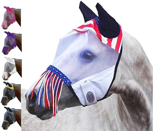 Derby Originals Horse Fly Mask with Ears and Nose Fringe, UV Blocking Fine Mesh, USA Stars and Stripes Design, 1 Year Limited Warranty
