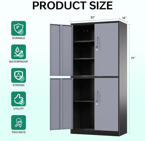 Letaya Metal Storage Cabinets with Lock Door and Shelves, Steel Garage Tool Cabinets for Home,Office, Warehouse,Lockers(71"-Black Gray)
