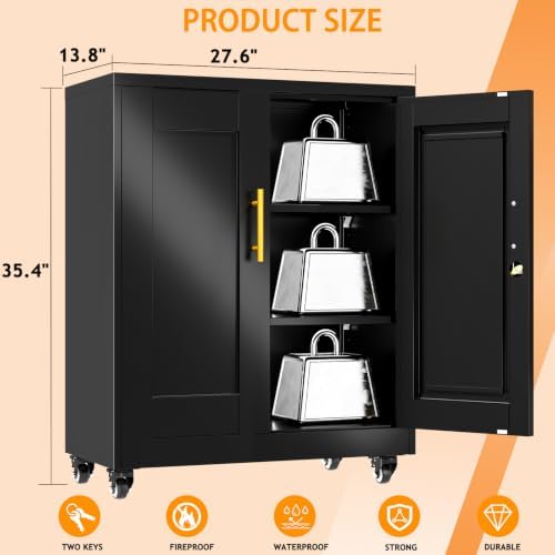 Small Metal Storage Cabinet with Wheels, Lockable Tool Cabinet with Doors