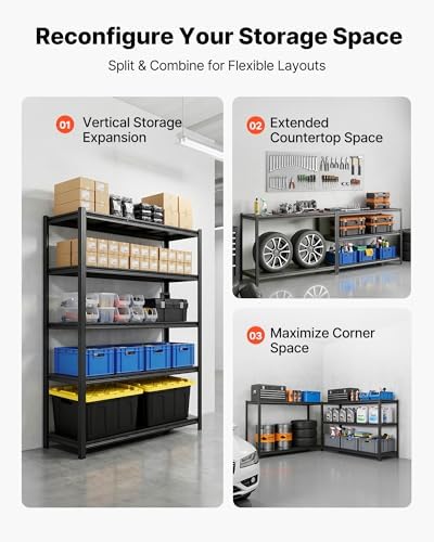 VEVOR Garage Shelving, 5-Tier Adjustable Storage Shelves, 3000 lbs Heavy Duty Garage Shelves, Metal Utility Rack Shelf for Garage Workshop Warehouse Basement, 48.43" W x 20.55" D x 71.38" H