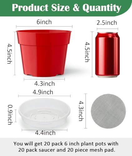 RooTrimmer 20 Pack 6 Inch Plant Pots, Thickened Plastic Flower Pots with 20 Pcs Water Collecting Trays, 20 Soil Block Mesh Pads, Red