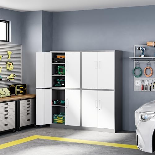 Letaya Metal Storage Cabinet with Lock Door, Adjustable Shelf Steel Cabinets for Office, Home,Pantry,Kitchen,Garage Utility Cabinet (4 Door-White&Gray)