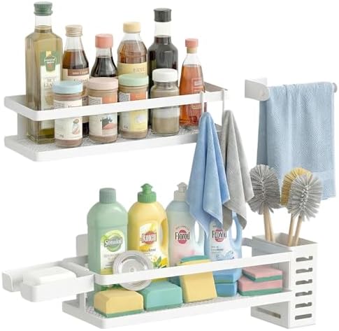 PUSDON 5-in-1 Shower Caddy & Kitchen Organizer Set, Wall Mount Wide Spice Rack with Paper Towel Holder, Utensil Holder, Soap Dish, Rustproof Mesh Baskets Hold 50LBS - White, Guardrail