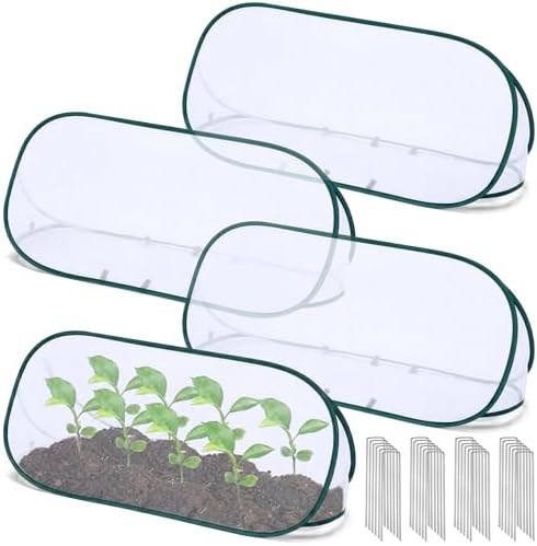 4 Sets 39" x 15" x 15" Pop up Garden Mesh Plant Cover Garden Rows Plants Cover with 24 Pcs Ground Nails Foldable Outdoor Protector Tent for Vegetables Fruits Seedlings Flowers, White