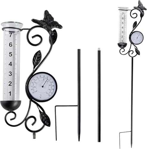 Rain Gauge Outdoor with Thermometer, Butterfly Metal Garden Stake