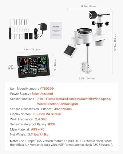 VEVOR 7-in-1 Wireless Weather Station, 7.5-Inch VA Display, Solar Powered Outdoor Sensor, Rain Gauge, Indoor Outdoor for Weather Forecast, Temperature, Humidity, Wind Speed and Direction (No WiFi)