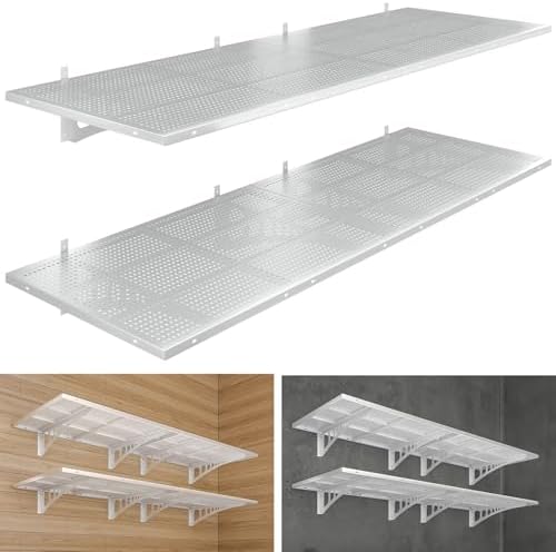4-Pack 2x3ft Heavy Duty Garag e Wall Shelving, 1000 lbs Load Capacity, Garage Shelving Wall Mounted, Garage Storage Rack with Hooks, White