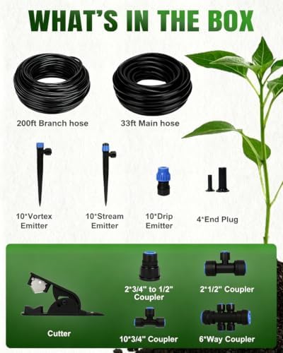 230FT Drip Irrigation System with 1/2" 1/4" Irrigation Tubing and Emitters