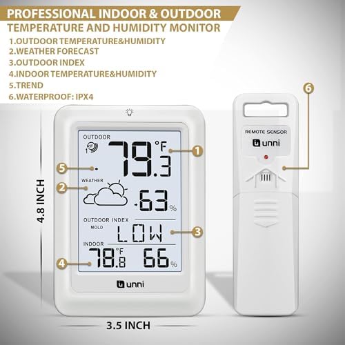 Indoor Outdoor Thermometer Wireless Weather Station, Temperature Humidity Monitor Battery Powered Inside Outside Thermometers with 330ft Range Remote Sensor and Backlight Display（WH01）