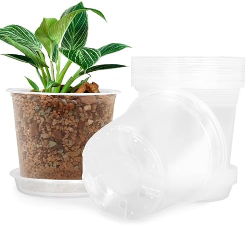 FUIJOL 4 Inch Clear Nursery Pots for Plants with Sacuers 15 Pack, Plastic Flower Pots with Drainage Holes, Variety Pack Seedlings Garden Pot for Indoor Outdoor (4 inch)