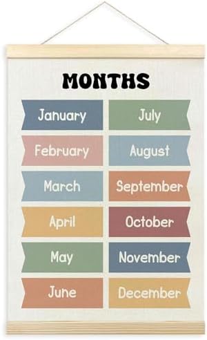 TLESKE Boho Classroom Months of the Year Poster Hanger Frame, Homeschool Hanging Wall Art Decor for Toddler Kids Room Nursery Playroom, Preschool Prek Learning Educational Poster Print Banner, 12x16