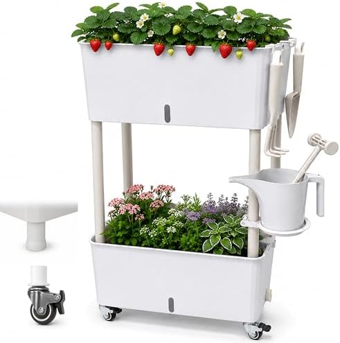 2-Tier 27.8"H Rolling Raised Garden Bed with Wheels, Self Watering Planter Box with Visible Water Level, Gray Rustproof Plastic Herb & Strawberry Planter for Indoor Outdoor Vegetables Flowers, DIY Kit