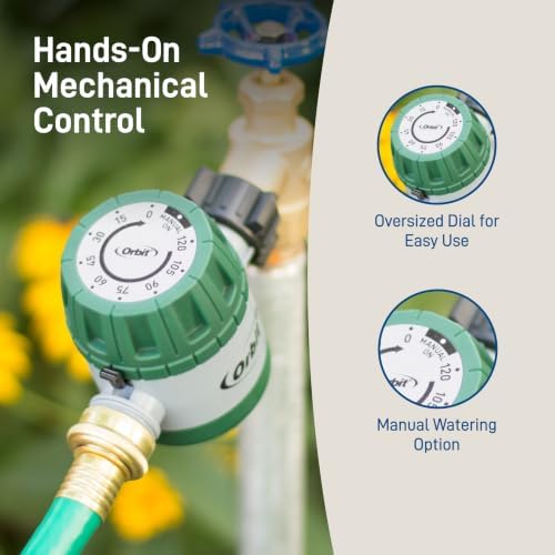 Orbit Mechanical Water Timer - Adjustable Irrigation Shutoff for Lawn & Garden Watering - Battery-Free Clockwork Hose Faucet Timer with Easy Grip Dial & Manual Bypass - 62034