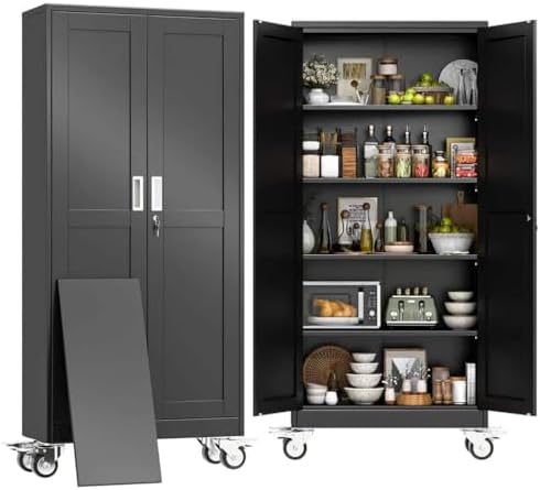 71" H Metal Pantry Storage Locker Cabinet with Wheels,Rolling Kitchen Pantry Cabinet with 2 Doors and 4 Adjustable Shelves, Lockable Steel Garage Tool Cabinet Organization for Home,Gym,School,Black