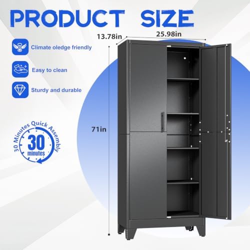 GAIOUS Tall Metal Storage Cabinet with Lock, 2 Doors Freestanding Steel Bookcase with Adjustable Shelves, Heavy Duty Lockable Office Filing Cabinet, Home Garage Utility Pantry Organizer Cabinet, Black