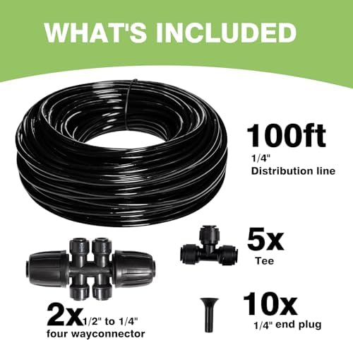 Maotong 100FT 1/4 inch New Quick-Connect Drip Irrigation Kit Distribution Hose Tubing for Garden Irrigation System (Includes 2 Pcs 6-Way Connector, 5 Pcs 1/4" Tee and 10 Pcs End Plugs)
