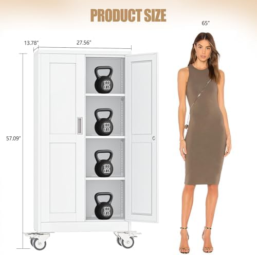 61" H Metal Pantry Storage Locker Cabinet with Wheels,Rolling Kitchen Pantry Cabinet with 2 Doors and 3 Adjustable Shelves, Lockable Steel Garage Tool Cabinet Organization for Home,Gym,School,White