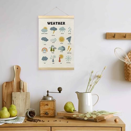TLESKE Boho Classroom Weather Chart Preschool Poster Hanger Frame, Homeschool Hanging Wall Art Decor for Toddlers Kids Room Nursery Playroom, Prek Learning Educational Poster Print Banner, 16x24