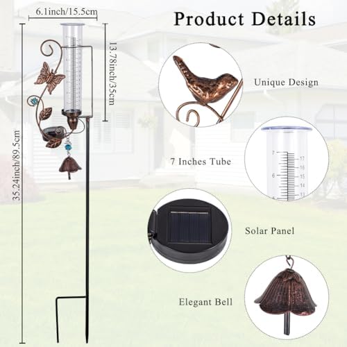 Solar Rain Gauge Outdoor, 7 Inch Tube Hummingbird Rain Gauges