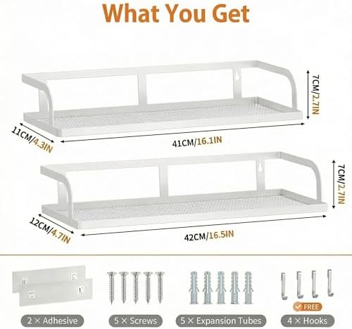 PUSDON 2-Pack 16.5" Extra Long Slim Hollowout Shower Caddy, Wall Mount Spice Rack & Bathroom Organizer, Mesh Bottom Cabinet Door Shelf Holds 50LBS - White, Hollowout