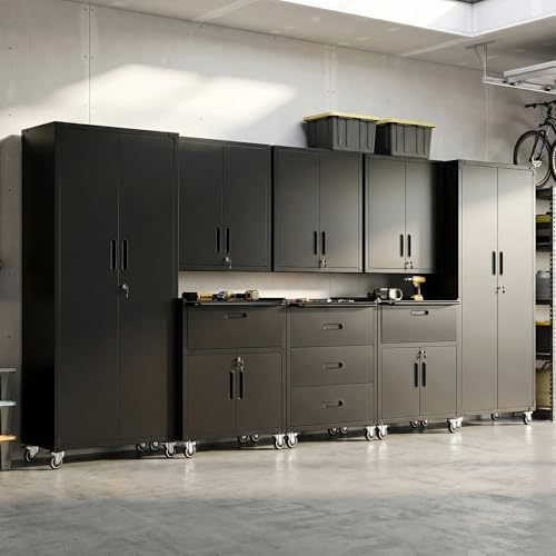 Garage Cabinet System | Heavy Duty Steel All-in-One Modular Garage Cabinet Set for Ultimate Workshop Organization | Easy Assembly Garage Storage Cabinets & Tool Bench