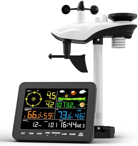 12-in-1 Wireless Weather Station for Outdoor Farm Garden, Indoor Outdoor with Rain Gauge, Wind Speed, Forecast, Temp, Humidity, Pressure, Moon Phase, Alarm, 100m Range(No WiFi)