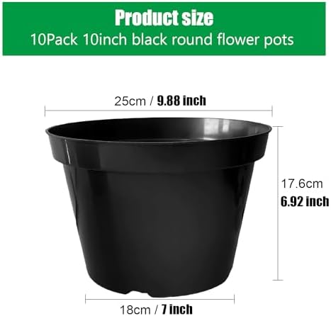 RooTrimmer 10 Inch Plastic Nursery Pots for Plants 10 Pack Plant Pots with Drainage Holes 2 Gallon Nursery Pots Perfect for Indoor Outdoor Plants Such as Herbs, Strwaberrys and Flowers, Black