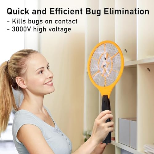 Electric Fly Swatter Handheld Bug Zapper with 2-Pack Plastic Fly Swatter- Indoor Outdoor Zapping Racket for Pest - Battery Powered Safe to Touch with 3-Layer Safety Mesh
