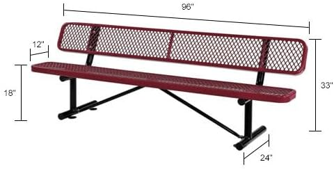 Global Industrial 8'L Heavy Duty Expanded Metal Mesh Bench with Backrest with Steel Frame, Portable Outdoor Bench, 1000 lbs Capacity, Red, 96" L x 24" W x 33" H