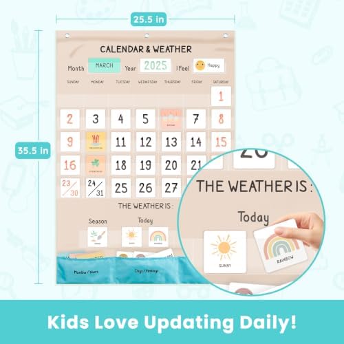 Classroom Boho Calendar & Weather Pocket Chart with 111 Cards, Circle Time Learning Center for Kids and Toddler, Preschool Must Haves!
