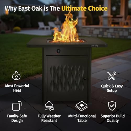 EAST OAK 32'' Propane Fire Pit Table, 50,000 BTU Steel Gas FirePit for Outdoor, Outside Patio Deck and Garden, CSA Certified Fire Table with Magnetic Lid, Cover-Storage Basket and Lava Rock, Black