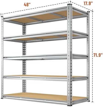 Garage Shelving Load 3050LBS, 5-Tier Storage Shelves, Adjustable Garage Shelves, Shelving Units and Storage, Metal Shelf for Kitchen, Pantry, Warehouse, 48" W x 71.9" H x 17.9" D, Galvanized