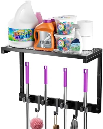 Heavy Duty Broom Holder Wall Mount, All-Metal Mop Rack with Storage Shelves