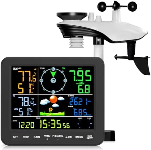 Home Weather Station with Rain Gauge and Wind Speed, Wireless Indoor Outdoor, Monitors Temperature, Humidity, Rainfall, Forecast, Moon Phase, and Alarm Clock for Garden Farm (No WiFi)