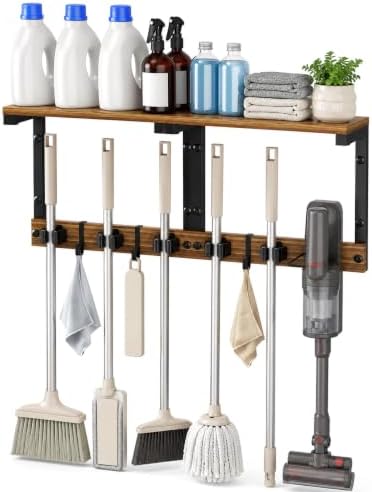 Broom and Mop Holder Wall Mount, 27" Large Organizer with Wood Shelf