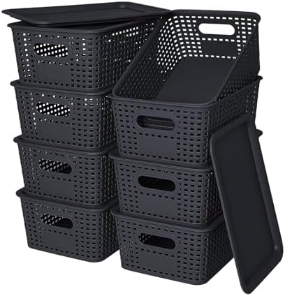 Ohmlove 8 Pack Plastic Storage Baskets with Lids for Organization