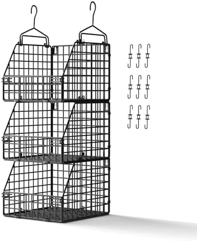 PUPPYCUTE Larger & Deeper Hanging Storage Basket, Closet Organizers and Storage, Hanging Shelves Wire Baskets for Clothing Sweaters Purse Handbags Shoes Black 3 Tier