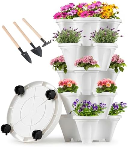 GameXcel Vertical Planter Tower - 5 Tier Stackable Garden Planters with Wheels and Tools Plant Pots for Strawberry Herb Flower and Vegetable Indoor Outdoor Use White
