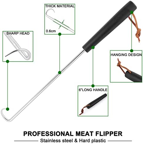 Meat Hook Flipper Set of 2, HaSteeL Stainless Steel Pigtail Food Flipper Turner 17Inch, BBQ Accessories Great for Grilling Smoking Frying, Long Body & ABS Handle, Easy to Clean & Right Handed