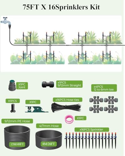 MYMULIKE 75FT Drip Irrigation System, Adjustable Drip Emitters, Upgraded Drip Irrigation Kit Automatic Irrigation Kit Garden Watering System for Flower Bed, Raised Beds, Lawn, Greenhouses