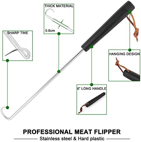 HaSteeL Meat Hook Flipper Set of 2, Stainless Steel Pigtail Food Flipper Turner 12Inch & 17Inch, BBQ Accessories Great for Grilling Smoking Frying, Long Body & ABS Handle, Easy to Clean & Right Handed