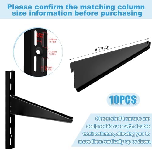 Yalikop 10 Pack Adjustable Shelf Brackets for Double Track System Closet Organization Heavy Duty Wire Shelf Brackets (Black,4.7 Inches)