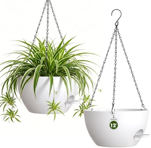 12 Inch Large Self Watering Hanging Planters 2 Pack with Saucers