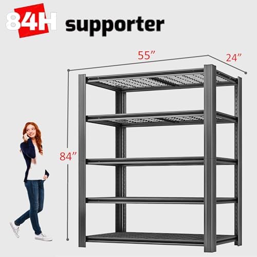 5-Tier Heavy Duty Garage Shelving, 5,000 lbs Capacity Adjustable Metal Storage Shelving Unit for Garage, Basement, Warehouse & Workshop, 55" W x 24" D x 84" H