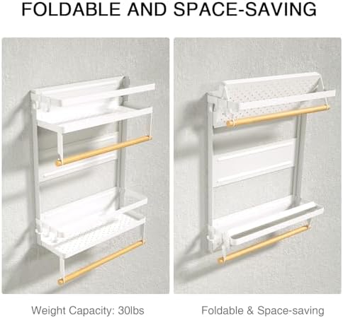 Magnetic Paper Towel Holder with Multi-Layer Storage Shelf, Stable Magnetic Organizer for Refrigerator, Garage Tool Cabinet and RV, Wall Mount Spice Rack and Paper Roll Hanger(Large-White)