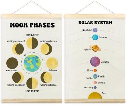 TLESKE Classroom Moon Phases Solar System Space Poster Hanger Frame Set of 2, Homeschool Hanging Wall Art Room Decor for Toddlers Kid Nursery Playroom, Preschool Prek Learning Educational Print, 12x16