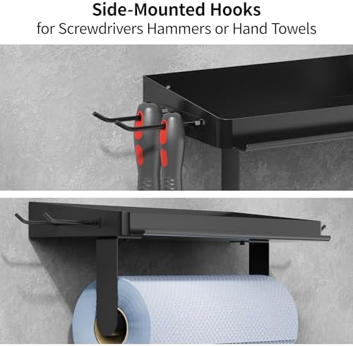 ZUNTO 3-in-1 Wall Mount Garage Paper Towel Holder with Shelf, Organize Shelf & Pen Holder(or Phone Storage) & Hanging Hooks - Heavy Duty Stainless Steel Organizer for Kitchen, Workshop, Laundry Room