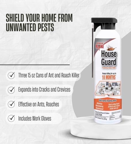 3X Bonide House Guard Ant Spray and Roach Spray Foam 15 oz Bundle with Work Gloves – Odorless Bug Sprays Indoor/Outdoor Foam for Crawling Insect Management – Gift Set (4 Items)